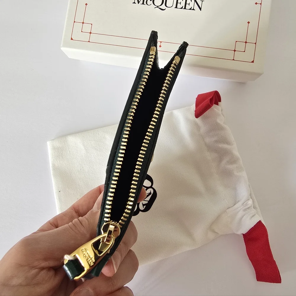 Alexander McQueen Croc-Embossed Leather Skull Card Holder Green Gold - Picture 5 of 7